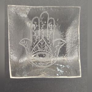 Hamsa Evil Eye Glass Trinket Dish Art Piece Hand Engraved 4"X4"